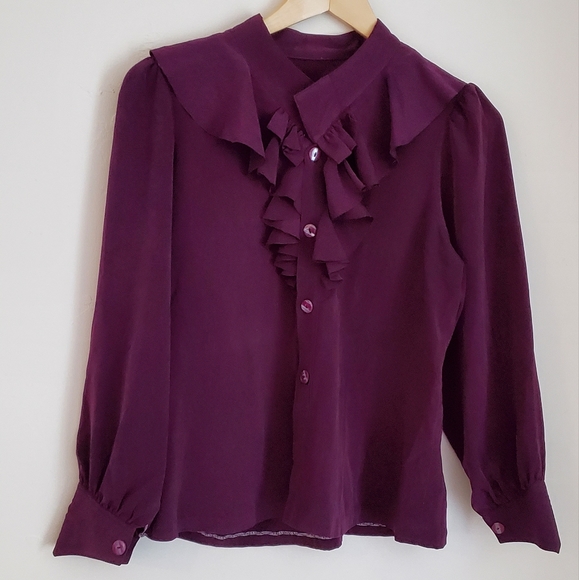 Plum Ruffle Vintage 80s Long Sleeve Button Up Blouse - Picture 11 of 13